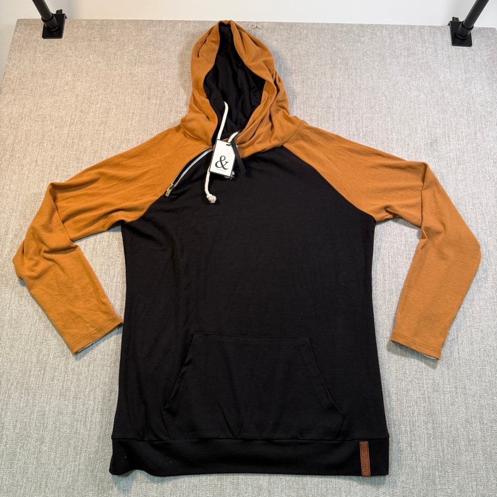 Ampersand Avenue Double Hooded Sweatshirt Black Camel Brown XL Side Zip Hoodie